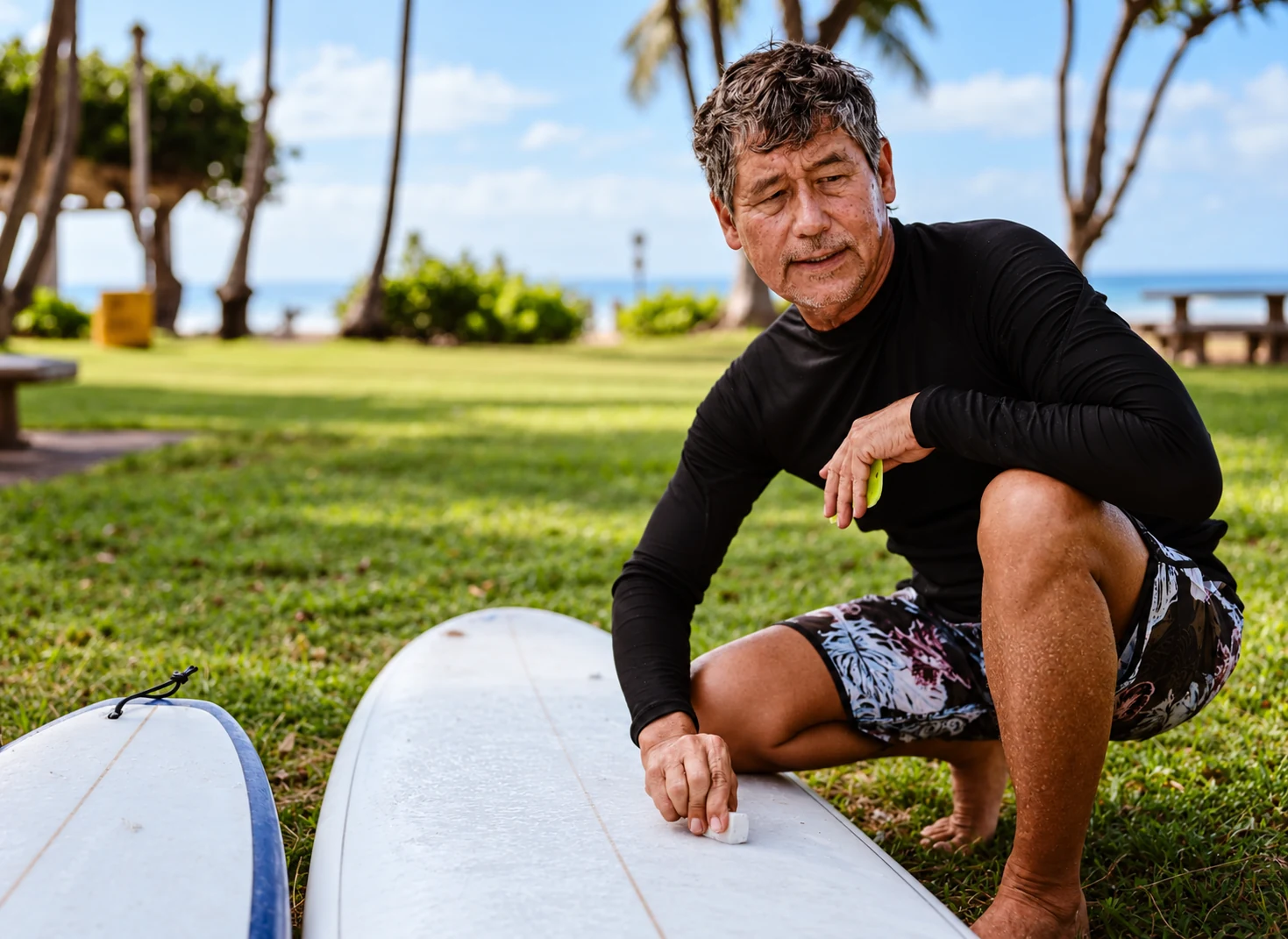 A local surf guide waxing a board on the grass
